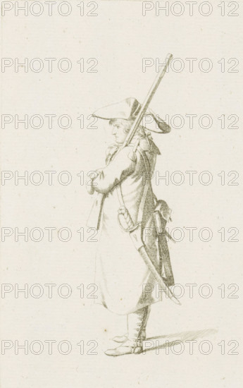 Standing French soldier, French infantry in the Netherlands in 1795, print, A standing French soldier, facing left. Part of a series of fifteen plates of French infantry, mainly soldiers and a few officers, in irregular uniform or clothing, as it arrived in the Republic in 1795., printmaker: August Christian Hauck, Northern Netherlands, printmaker: Cornelis Bakker, 1795, paper, etching, engraving, etching and engraving, height 155 mm x width 105 mm, These plates belong to a larger group of which the Atlas van Stolk also has a part (colored)., clothes, costume, (military) uniforms (infantry), French period, infantry, Period, A detailed sepia-toned line drawing of a standing soldier shown in profile facing left, wearing a wide-brimmed tricorne hat and a long coat with a high collar, his arms folded across his chest as a long musket rests on his shoulder and extends upward behind his head, a sheathed sword hangs at his side with a curved hilt visible and a satchel or pouch strapped to his...
