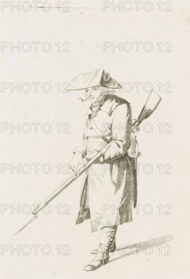 Standing French soldier, French infantry in the Netherlands in 1795, print, A standing French soldier, pipe in mouth. Part of a series of fifteen plates of French infantry, mainly soldiers and a few officers, in irregular uniform or clothing, as it arrived in the Republic in 1795., printmaker: August Christian Hauck, Northern Netherlands, printmaker: Cornelis Bakker, 1795, paper, etching, engraving, etching and engraving, height 155 mm x width 105 mm, These plates belong to a larger group of which the Atlas van Stolk also has a part (colored)., clothes, costume, (military) uniforms (infantry), French period, infantry, Period, A monochrome line drawing of a standing soldier wearing a broad-brimmed hat with a turned-up side, a long coat with a high collar and a sash across the chest, and laced boots. He holds a long musket with a bayonet attached, one hand near the muzzle and the other supporting the barrel, and a second musket is slung over his shoulder with its butt visible behind him....