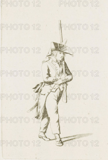 Standing French soldier, French infantry in the Netherlands in 1795, print, A French soldier, walking to the right. Part of a series of fifteen plates of French infantry, mainly soldiers and a few officers, in irregular uniform or clothing, as it arrived in the Republic in 1795., printmaker: August Christian Hauck, Northern Netherlands, printmaker: Cornelis Bakker, 1795, paper, etching, engraving, etching and engraving, height 155 mm x width 105 mm, These plates belong to a larger group of which the Atlas van Stolk also has a part (colored)., clothes, costume, (military) uniforms (infantry), French period, infantry, Period, A finely detailed line drawing of a soldier standing and leaning on a long musket held upright, wearing a tricorn hat with a feather and a ribbon, a double-breasted coat with visible buttons and a crossbody strap, knee-length breeches and buckled shoes, a cartridge box and a sheathed bayonet or sword at his waist, with visible folds and shading in the clothing and a...