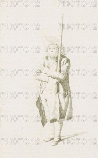Standing French soldier, French infantry in the Netherlands in 1795, print, A standing French soldier. Part of a series of fifteen plates of French infantry, mainly soldiers and a few officers, in irregular uniform or clothing, as it arrived in the Republic in 1795., printmaker: August Christian Hauck, Northern Netherlands, printmaker: Cornelis Bakker, 1795, paper, etching, engraving, etching and engraving, height 155 mm x width 105 mm, These plates belong to a larger group of which the Atlas van Stolk also has a part (colored)., clothes, costume, (military) uniforms (infantry), French period, infantry, Period, A pale, finely detailed ink drawing of a standing young person wearing a wide-brimmed hat and a long coat, holding a long musket upright against their shoulder, with one arm crossed over their chest and the other supporting the firearm; the figure wears a buttoned waistcoat and breeches, has short curled hair visible under the hat, and casts a faint shadow on the ground.