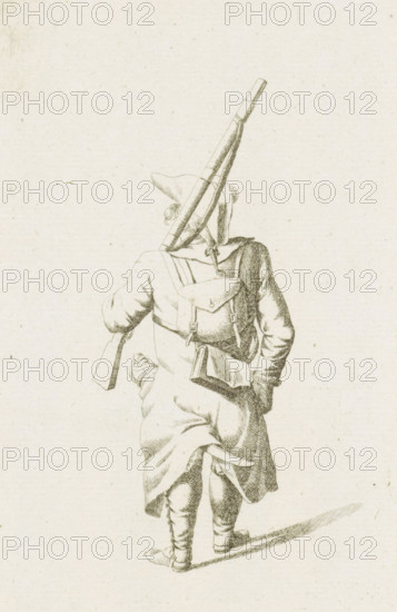 Standing French soldier, French infantry in the Netherlands in 1795, print, A standing French soldier, seen from the back. Part of a series of fifteen plates of French infantry, mainly soldiers and a few officers, in irregular uniform or clothing, as it arrived in the Republic in 1795., printmaker: August Christian Hauck, Northern Netherlands, printmaker: Cornelis Bakker, 1795, paper, etching, engraving, etching and engraving, height 155 mm x width 105 mm, These plates belong to a larger group of which the Atlas van Stolk also has a part (colored)., clothes, costume, (military) uniforms (infantry), French period, infantry, Period, A pencil sketch of a person seen from behind wearing a wide-brimmed hat and a long coat, carrying a long musket slung over one shoulder and a pack on their back with straps and buckles, a rolled item tucked near the hip, laced boots, and a visible shadow on the ground.