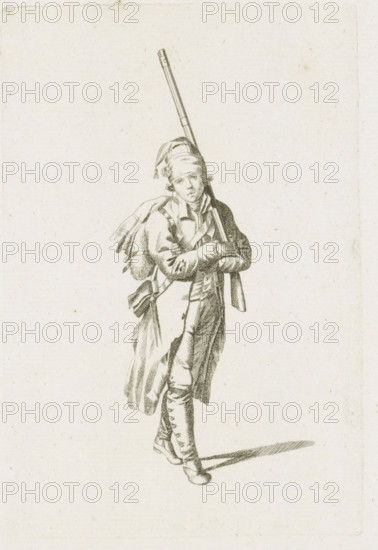 Standing French soldier, French infantry in the Netherlands in 1795, print, A standing French soldier, facing right. Part of a series of fifteen plates of French infantry, mainly soldiers and a few officers, in irregular uniform or clothing, as it arrived in the Republic in 1795., printmaker: August Christian Hauck, Northern Netherlands, printmaker: Cornelis Bakker, 1795, paper, etching, engraving, etching and engraving, height 155 mm x width 105 mm, These plates belong to a larger group of which the Atlas van Stolk also has a part (colored)., clothes, costume, (military) uniforms (infantry), French period, infantry, Period, A sketch of a standing figure wearing a long coat, a sash, and high buttoned boots, holding a long musket upright over the shoulder with arms crossed, a small pack slung on the back, a cap with a tassel and a decorative rosette, and a faint shadow on the ground.