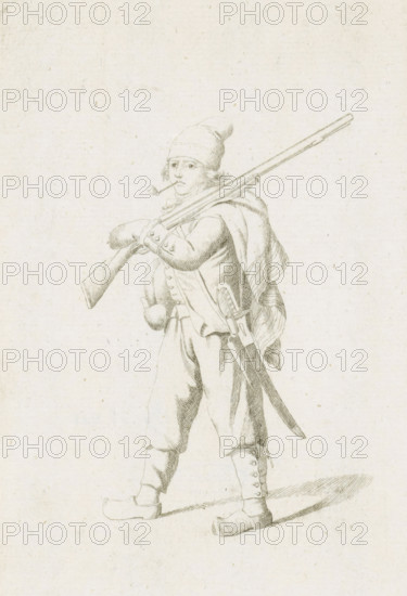 Standing French soldier, French infantry in the Netherlands in 1795, print, A French soldier, walking to the left, with a pipe. Part of a series of fifteen plates of French infantry, mainly soldiers and a few officers, in irregular uniform or clothing, as it arrived in the Republic in 1795., printmaker: August Christian Hauck, Northern Netherlands, printmaker: Cornelis Bakker, 1795, paper, etching, engraving, etching and engraving, height 155 mm x width 105 mm, These plates belong to a larger group of which the Atlas van Stolk also has a part (colored)., clothes, costume, (military) uniforms (infantry), French period, infantry, Period, A pencil drawing of a standing figure wearing a soft hat and a cloak draped over one shoulder, holding a long firearm across the shoulder with one hand and a pipe in the mouth, dressed in a buttoned coat with visible buttons, loose trousers tucked into buttoned gaiters, simple shoes, and a belt with a sheathed sword hanging at the side; the figure casts ...