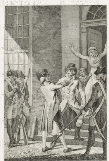 Arrest of SJ van Langen, 1798, print, Arrest of Stephanus Jacobus van Langen, member of the Executive Council, in front of his house. Standing in the doorway are his wife and son, June 12, 1798. On charges of self-enrichment., printmaker, Netherlands, paper, etching, engraving, etching and engraving, proof print before the letter, height 212 mm x width 149 mm, Illustration for an unknown work., Person, Executive Council (January 22-June 12, 1798), Stephanus Jacobus van Langen, arrest (of criminal), French period, The Hague, Period, 1798-06-12, A monochrome engraving shows a scene on stone steps before a doorway with an arched transom, featuring several men in period dress with tricorne hats and long coats; one man is grasping another man by the collar while that man looks distressed and leans backward, a woman stands in the open doorway behind them with her arms raised and an anguished expression, two armed men in uniform stand to the left holding long muskets with bayonets, and anothe...
