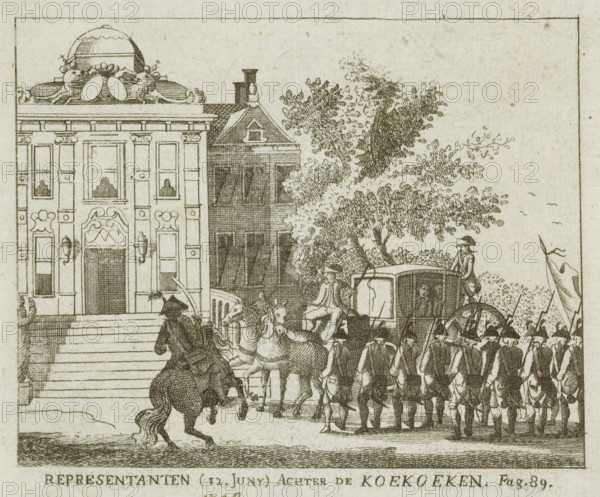 Representatives (June 12) Behind the Cuckoos, Huis ten Bosch with the arrested members of the Executive Council, 1798, print, View of Huis ten Bosch in which the members of the Executive Council arrested on June 12, were imprisoned. In front of the house is a carriage in which Abraham Staal is being transported from Leeuwarden. Wooden screens, the so-called 'cuckoos', stand in front of the windows of the house. With reference to Page. 89., printmaker, Netherlands, paper, etching, height 108 mm x width 129 mm, Used as illustration in: Historical almanac for the year 1800., Person, Executive Government (January 22–June 12, 1798), transport (or arrested person), French period, The Hague, Huis ten Bosch Palace, Period, 1798-06-12, A detailed ink drawing shows a classical building facade with decorative elements at its roofline and framed windows, a broad set of steps leading to an ornate entrance, and an adjacent smaller building with a pitched roof and chimneys; in front of the buildings ...