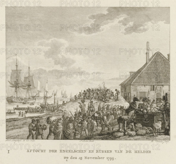 Retreat of the British and Russians from Den Helder, 1799, Retreat of the English and Russians from Den Helder On November 29, print, The soldiers of the British-Russian invasion force leave Den Helder on November 29, 1799. In the foreground, a large chest with the crowned monogram GR is being packed. In the background, troops depart in sloops to the waiting ships. Marked lower left with the letter I., printmaker: Reinier Vinkeles (I), Netherlands, after drawing by Dirk Langendijk, Den Helder, publisher: François Bohn, Haarlem, 1800 - 1802, paper, etching, engraving, etching and engraving, stated on the print as a proof, height 221 mm x width 275 mm, Used as an illustration in: LC Vonk. History of the landing of the Anglo-Russian army in North Holland, as well as the military operations and political events, both there and in Friesland and Gelderland, 2 vols, 1801-1802., transport, train (military) (sailing-ships), British-Russian expedition to North Holland, Period, 1799-11-29, A deta...