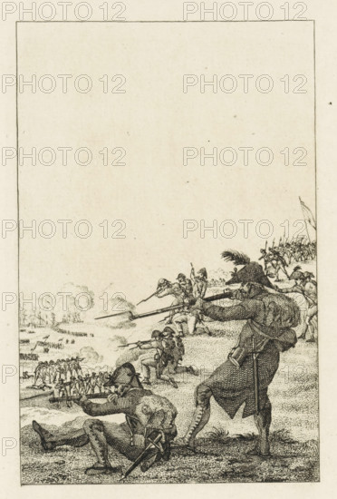 Landing of the British at Callantsoog, 1799, print, The landing of the British invasion force on the coast at Callantsoog, August 27, 1799. From the dunes, the Batavian soldiers fire on the landing troops., printmaker: Reinier Vinkeles (I), Netherlands, 1806 - 1808, paper, etching, etching print, proof print before the letter, height 247 mm x width 167 mm, Used as an illustration in: PA Loosjes. Vaderlandsche historie, vervattende de geschiedenissen, der Vereenigde Nederlanden, Ten onmiddelyken vervolge van Wagenaar's Vaderlandsche historie. Amsterdam: Johannes Allart, vol. 41 (1808)., (military) attack, Landing at Callantsoog, Callantsoog, Period, 1799-08-27, A vertical etching shows a group of soldiers in historical uniforms positioned on a slope, some standing and aiming long muskets while others kneel or lie and fire, a commander with a feathered hat stands prominently with a hand extended, small figures and lines of troops appear farther on the field, puffs of smoke from gunfire d...