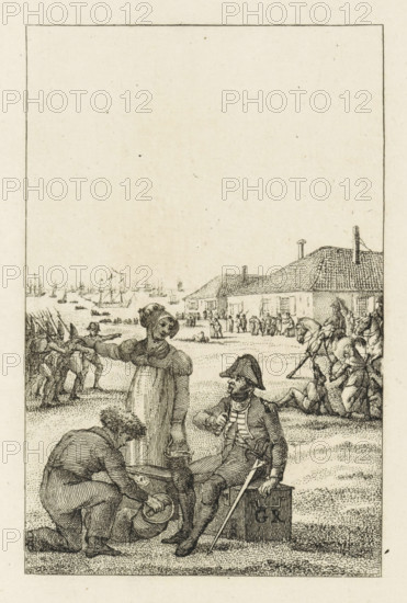 Departure of the British, 1799, print, The soldiers of the British-Russian invasion force leave Den Helder on November 29, 1799. In the foreground, an English officer in conversation with a young woman and sitting on a chest marked with the crowned monogram GR. In the background, the inn 'Het wapen van Haarlem' and troops departing in sloops to the waiting ships., printmaker: Reinier Vinkeles (I), Netherlands, 1806 - 1808, paper, etching, etching print, proof print before the letter, height 245 mm x width 157 mm, Used as illustration in: PA Loosjes. National history, containing the histories of the United Netherlands, in the immediate continuation of Wagenaar's National history. Amsterdam: Johannes Allart, vol. 41 (1808)., transport, train (military) (sailing-ships), British-Russian expedition to North Holland, Den Helder, Period, 1799-11-29, A detailed line drawing shows a group of people on a shoreline or sandy area with ships and small boats in the water in the distance and a cluste...