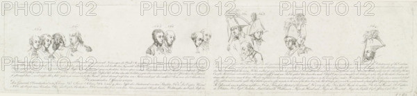 Key to the print of the death of General Bussche, 1794, print, historical print, Key to the print of the death of General Georg Wilhelm Bussche, December 11, 1794 (should be November 7) during fighting with the French troops on the banks of the Waal at the capture of Nijmegen. Heads of the most important persons in the painting with a description of the events and a legend with the names in German and English., printmaker: Johann Gerard Huck, Hanover, 1801-09-01, Lower Saxony, paper, etching, height 135 mm x width 650 mm, Person, Georg Wilhelm Bussche, historical persons (portraits and scenes from the life), Capture of Nijmegen by the French (1794), Nijmegen, Rhine, Waal (river), Period, 1794-11-07, 1794-12-11, A wide, pale sheet with a series of small, finely drawn pencil or ink portrait sketches arranged across its length, each sketch showing head-and-shoulder views of men in varied period military or formal attire, some wearing tall plumed hats and bicorne hats, others with short ha...