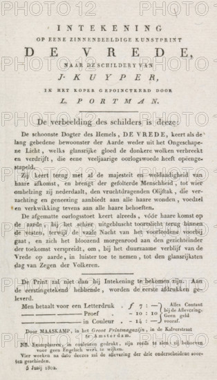 Notice from the publisher of the print with the allegory of the Peace of Amiens, 1802, Subscription to an allegorical art print The Peace, after the painting by J. Kuyper, pointed in copper by L. Portman, text sheet, publisher's prospectus, Text sheet with a notice from the publisher Maaskamp regarding the print with the allegory of the Peace of Amiens concluded on March 27, 1802. With a price list for the various prints, dated June 5, 1802., publisher: Evert Maaskamp, Amsterdam, 1802-06-05, Evert Maaskamp, publisher, paper, letterpress printing, text in letterpress, height 220 mm x width 131 mm, Peace of Amiens (1802), Period, 1802-03-27, A vertically oriented aged paper sheet with printed serif text arranged in centered headings and paragraphs; the top shows a large bold title in spaced capital letters followed by smaller centered lines and a short horizontal rule, then a block of justified body text in a dark ink with regular line spacing and occasional italicized words, followed by...