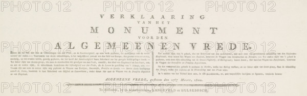 Explanation of the Monument for General Peace, Text sheet accompanying the print with the allegory and calligraphy on the Peace of Amiens, 1802, text sheet, Text sheet with in two columns the explanation of the representation of the print with the allegory on the peace concluded in Amiens on March 27, between the Batavian Republic and France and Great Britain., publisher: Langeveld en Hulsebosch, Amsterdam, paper, letterpress printing, text in letterpress, height 142 mm x width 445 mm, Peace of Amiens (1802), Period, 1802-03-27, A wide aged paper with a centered large decorative heading composed of spaced ornamental characters above smaller blocks of finely printed paragraphs, a long thin ornamental horizontal divider near the bottom with small decorative end pieces, and faint speckling and discoloration across the background.