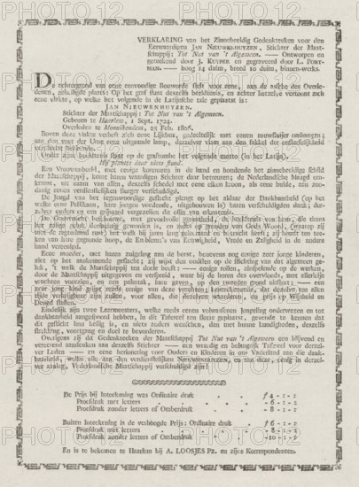 Explanation accompanying the print with the memorial for Jan Nieuwenhuyzen, 1806, Explanation of the Symbolic Memorial for the Reverend Jan Nieuwenhuyzen, text sheet, Printed explanation accompanying the print with the allegorical memorial for Jan Nieuwenhuyzen, who died on February 24, founder of the Society for the Benefit of the General Public. Explanation of the image and a price list of the various available editions., publisher: Adriaan Pietersz. Loosjes, Haarlem, 1806 - 1807, paper, letterpress printing, text in letterpress, height 210 mm x width 162 mm, Person, Jan Nieuwenhuyzen, Society for the Benefit of the General Public, Period, 1806-02-24, A single aged paper document with printed text in a serif typeface arranged in paragraphs across the page, featuring a decorative border of geometric repeating motifs around the edges and a larger initial letter at the start of the main body; the top has a centered block of bolder text set apart from the rest, and the bottom shows addit...