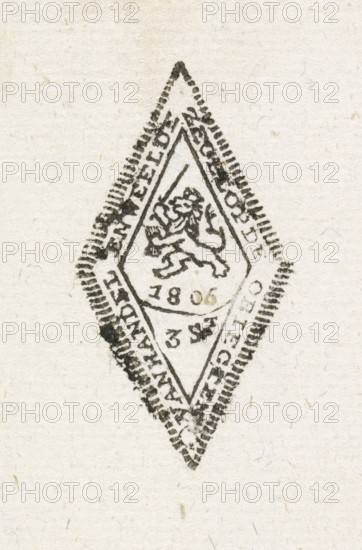 Seal on objects of trade and luxury, Seal, 1806, print, Separate impression of a diamond-shaped seal for objects of trade and luxury, of three stuivers, 1806. Dutch lion with bundle of arrows and sword, facing left., printmaker, Netherlands, paper, woodcut, vignette and text in letterpress, height 63 mm x width 79 mm, tax collection, Period, A diamond-shaped black ink stamp with a bordered inner diamond encloses a heraldic lion holding a diagonal object, with additional small markings beneath the lion; the stamp sits on textured off-white paper with visible fibers and faint speckles.