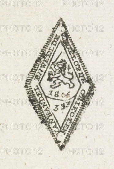 Seal on objects of trade and luxury, Seal, 1806, print, Separate impression of a diamond-shaped seal for objects of trade and luxury, of three stuivers, 1806. Dutch lion with bundle of arrows and sword, facing left., printmaker, Netherlands, paper, woodcut, vignette and text in letterpress, height 61 mm x width 80 mm, tax collection, Period, A diamond-shaped black ink stamp with a scalloped outer border contains a smaller diamond outline inside; within the inner shape a stylized lion facing left stands on its hind legs with one forepaw raised, and there are short horizontal marks below the lion; the stamp is printed on textured off-white paper with visible fibers.