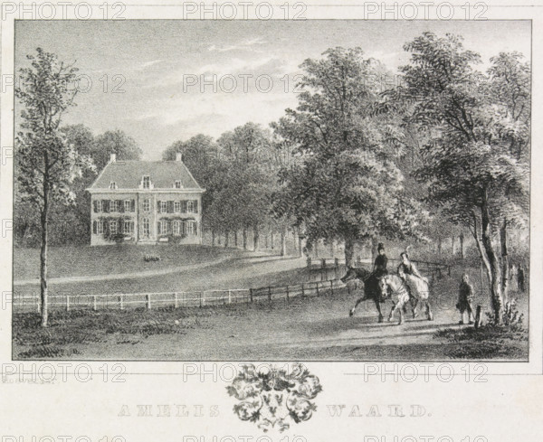 Ameliswaard Castle, 1807, Ameliswaard, pamphlet, print, View of Oud-Ameliswaard Castle, in the foreground several horsemen, in the margin a coat of arms. King Louis Napoleon was the owner of this country house for a short time in 1807 (or 1808)., printmaker: Willem Pieter Hoevenaar, Netherlands, 1840 - 1841, paper, lithography, height 99 mm x width 134 mm, According to Muller originating from: Utrechtsche Volks-Almanak voor 1841., Person, Louis Napoleon (King of Holland), castle, Oud-Amelisweerd, Period, 1807 - 1808, A shaded landscape showing a large rectangular house with a steep roof and multiple symmetrically arranged windows set back behind a low fence, surrounded by abundant leafy trees of varying heights, a wide foreground path curving past the house, and a group of riders on horseback and walking figures near the path beneath the trees.