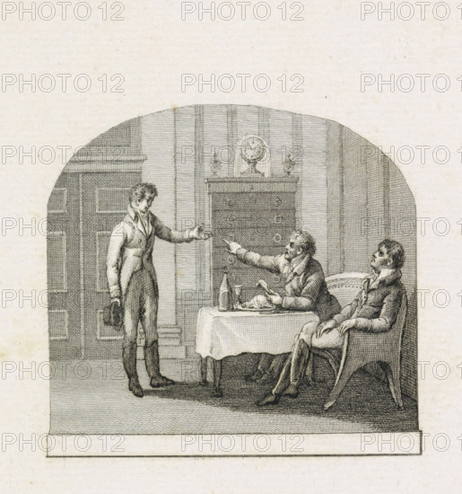 Title page for: De Gardes d'Honneur in vier zangen, Dirk Hendrik ten Kate van Loo, The Hague 1815, print, title page, Vignette for the title page of a book about the Gardes d'Honneur. A young man is designated by Prefect Antoine de Celles for compulsory service in Napoleon's guard of honour, April 1813., printmaker: Reinier Vinkeles (I), Netherlands, after drawing by Abraham Vinkeles, 1813 - 1815, Reinier Vinkeles (I), Abraham Vinkeles, printmaker, after drawing by, paper, etching, engraving, etching and engraving, proof before the letter, height 228 mm x width 140 mm, Used as an illustration in: De Gardes d'Honneur in four cantos, The Hague: Johannes Allart, 1815., Person, Antoine de Celles, guard of honor, forced conscription, press ganging, Period, 1813-04, A monochrome engraving shows an interior scene with three men in period clothing; one man stands at the left holding a hat and extending his hand, another man sits at a table gesturing toward the standing man while a dish and a b...