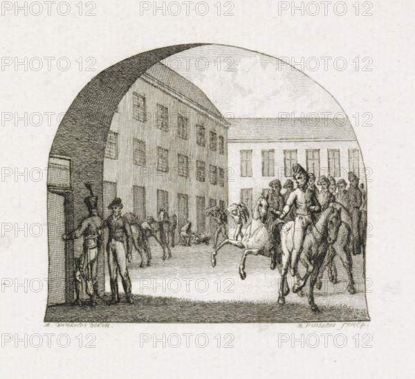 In the barracks for the Gardes d'Honneur, print, View of the courtyard of the barracks for Napoleon's guard of honour in Amsterdam, April 1813. Illustration for a book about the Gardes d'Honneur., printmaker: Reinier Vinkeles (I), Netherlands, after drawing by Abraham Vinkeles, 1813 - 1815, Reinier Vinkeles (I), Abraham Vinkeles, printmaker, after drawing by, paper, etching, engraving, etching and engraving, proof print before the letter, height 252 mm x width 158 mm, Used as illustration in: De Gardes d'Honneur in vier zangen, Dirk Hendrik ten Kate van Loo, The Hague: Johannes Allart, 1815., military service, guard of honour, Amsterdam, Period, 1813-04, An arched ink illustration shows a street scene with a tall multi-story building on the left and another building with a pitched roof and rows of windows in the background; groups of people occupy the foreground, some standing and others on horseback, with riders wearing hats and coats and horses depicted in motion; figures clustered n...