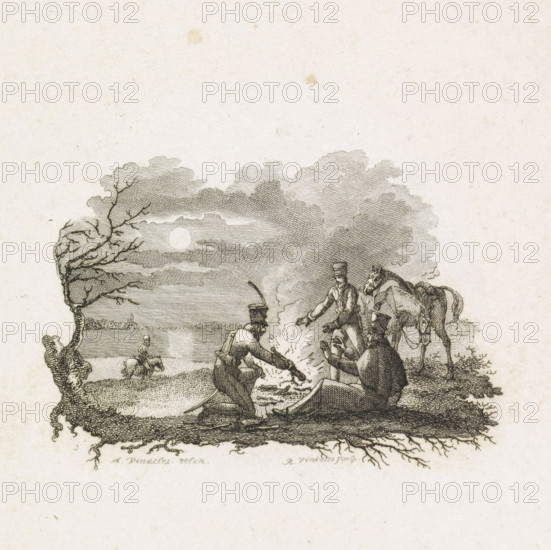 Bivouac of the Gardes d'Honneur, print, Bivouac of some members of Napoleon's honor guard April 1813. Three soldiers warm themselves around a campfire. Illustration for a book about the Gardes d'Honneur., printmaker: Reinier Vinkeles (I), Netherlands, after drawing by Abraham Vinkeles, 1813 - 1815, Reinier Vinkeles (I), Abraham Vinkeles, printmaker, after drawing by, paper, etching, engraving, etching and engraving, proof before the letter, height 225 mm x width 141 mm, Used as illustration in: De Gardes d'Honneur in four songs, Dirk Hendrik ten Kate van Loo, The Hague: Johannes Allart, 1815., camp-fire, watch-fire, guard of honor, guard of honour, Period, 1813-04, A detailed pen-and-ink scene shows a group of men gathered around a small fire on a grassy riverbank, with two men seated and one kneeling near the flames, another standing nearby, and a horse standing beside them; a distant rider on horseback is visible by the water, and a tree with bare twisting branches frames the left si...