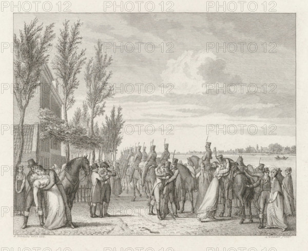 Departure of the Gardes d'Honneur from Amsterdam, 1813, print, Conscripted members of Napoleon's guard of honour bid farewell to family and loved ones and leave Amsterdam, April 1813., printmaker: Reinier Vinkeles (I), Netherlands, after drawing by Abraham Vinkeles, 1813 - 1815, paper, etching, engraving, etching and engraving, proof print before the letter, height 237 mm x width 292 mm, Used as illustration in: De Gardes d'Honneur in vier zangen, Dirk Hendrik ten Kate van Loo, The Hague: Johannes Allart, 1815., guard of honour, taking leave, Amsterdam, Period, 1813-04, A detailed black and white engraving shows a crowded riverside scene with rows of tall, narrow trees along the left side and a wide sky filled with layered clouds above. A line of mounted soldiers in uniform advances along a path, horses facing forward and riders sitting upright with musical and military instruments among them. Groups of civilians cluster along the roadside, some embracing or mourning, others gesturing ...