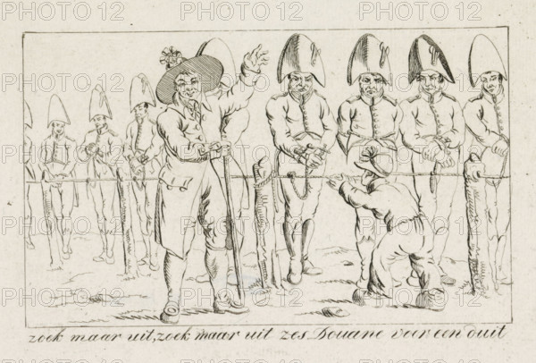 Figure it out yourself, figure it out yourself six Customs officers for a penny, Caricature of the customs officers, 1813, cartoon, print, A cattle dealer adorned with an orange cockade sells French customs officers as if they were cattle. The customs officers are standing behind a barrier waiting, a small boy mocks them. Riots broke out in Amsterdam on November 15, following news of Napoleon's defeat at Leipzig., printmaker: Jacob Smies (possibly), Netherlands, Jacob Smies, printmaker, paper, etching, engraving, etching and engraving, height 130 mm x width 195 mm, customs, Amsterdam, Period, 1813-11-15, A pen and ink scene shows a row of uniformed men standing behind a horizontal rope, each wearing tall bicorne hats and buttoned coats with visible collars and cuffs; one central figure wears a wide-brimmed hat with a decorative element and a long coat, holding a staff and gesturing with an outstretched hand while looking forward; another figure in front of the rope is crouched and reac...