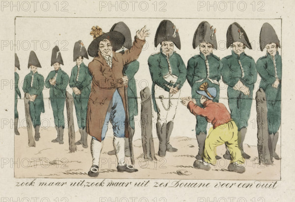Caricature of the customs officers, 1813, Figure it out yourself, figure it out yourself six Customs for a penny, cartoon, print, A cattle dealer adorned with an orange cockade sells French customs officers as if they were cattle. The customs officers stand waiting behind a barrier, a small boy mocks them. Riots broke out in Amsterdam on November 15, following news of Napoleon's defeat at Leipzig., printmaker: Jacob Smies (possibly), Netherlands, Jacob Smies, printmaker, paper, etching, engraving, hand coloring, etching and engraving, hand-colored, height 130 mm x width 195 mm, customs, Amsterdam, Period, 1813-11-15, A row of men in dark green uniforms and tall black hats stand behind a rope, each with hands clasped or resting at their fronts, facing forward with neutral expressions; one man in a brown coat and wide-brimmed hat decorated with a flower stands in front of them holding a staff and raising an arm, while a shorter figure wearing a blue cap, red jacket, and bright yellow tro...