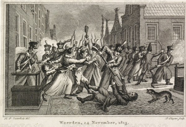 Woerden, 24 November, 1813, Plundering of Woerden, print, Plundering of Woerden by the French, 24 November 1813. View of a street where men and women are being mistreated by the soldiers., printmaker: Dirk Sluyter, Netherlands, after drawing by Haatje Pieters Oosterhuis, paper, etching, engraving, etching and engraving, height 82 mm x width 120 mm, plundering, soldiers, Period, 1813-11-24 - 1813-11-25, A crowded street scene rendered in fine dark lines shows uniformed soldiers with tall hats and long coats clashing with civilians wearing plain garments and cloaks; several figures grapple with muskets and bayonets while others push or pull, a few people fall to the ground and one figure lies prone, a small dog stands near the fallen figures, smoke puffs rise near the right side where a soldier aims a curved weapon, buildings with many windows and tiled roofs line both sides of the street, and architectural details include doorways, window frames, and a raised platform at the left where ...