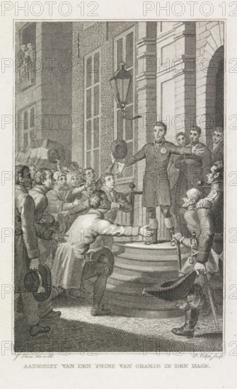 Arrival of the Prince of Orange in The Hague, Prince of Orange in The Hague, 1813, print, historical print, The Prince of Orange standing on the platform in front of the house of Leopold, Count of Limburg Stirum in The Hague on November 30, 1813. On the left, the cheering crowd., printmaker: Philippus Velijn, Netherlands, after drawing by Jacob Smies, 1823 - 1829, paper, etching, height 240 mm x width 151 mm, Used as an illustration in: PG Witsen Geysbeek and G. Engelberts Gerrits, Beauties and remarkable scenes from Dutch history. 8 vols, Amsterdam: G. Portielje, 1825-1829., Person, William I of the Netherlands, Leopold Count van Limburg Stirum, being welcomed, travelling, homage to a ruler, Arrival of William I Frederick in the Netherlands (1813), The Hague, Period, 1813-11-30, A detailed engraving of a crowd gathered on stone steps in front of a building with tall windows and arched masonry, showing a central male figure standing on the top step with arms extended and a decorative r...