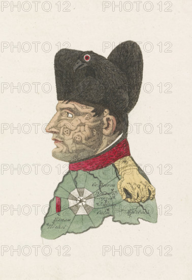 Cartoon of Napoleon, 1813, cartoon, print, Caricature of Napoleon from 1813 in which his face is constructed from the corpses of his victims, his hat is the Prussian eagle, his epaulet is a grasping hand whose fingers are his enemies and the wrist the All-Seeing Eye. The collar is a river of blood, his coat the battlefield of Europe and the insignia of the Legion of Honor on his chest is a spiderweb. A separate explanation accompanies the print., printmaker, publisher, Amsterdam, Netherlands, paper, etching, hand coloring, hand-colored etching, height 137 mm x width 90 mm, Person, Napoleon I (Emperor of the French), political caricatures and satires, Napoleonic Wars, Period, A side profile of a man wearing a tall black fur hat with a bird-shaped crest integrated into the hat, showing a red ringed eye, a hooked beak, and textured black feathers; the man's face is pale with pronounced nose and chin, marked with textured spots and blemishes, and he has short dark hair and a visible ear. H...