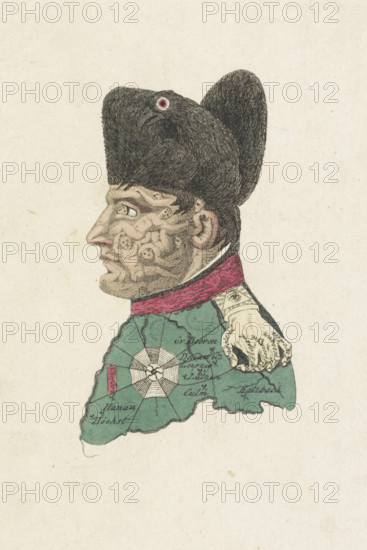 Cartoon of Napoleon, 1813, cartoon, print, Caricature of Napoleon from 1813 in which his face is constructed from the corpses of his victims, his hat is the Prussian eagle, his epaulet is a grasping hand whose fingers are his enemies and the wrist the All-Seeing Eye. The collar is a river of blood, his coat the battlefield of Europe and the insignia of the Legion of Honor on his chest is a spiderweb. A separate explanation accompanies the print., printmaker, publisher, Amsterdam, Netherlands, paper, etching, hand coloring, hand-colored etching, height 137 mm x width 90 mm, Person, Napoleon I (Emperor of the French), political caricatures and satires, Napoleonic Wars, Period, A sideways portrait of a man formed from a map, showing a profile with a hooked nose, pronounced brow, and textured skin marked by circular raised patterns; he wears a dark bicorne hat with a small round eye-like detail on its side and dark hair beneath, a high collar in deep red, and a green coat whose surface sho...