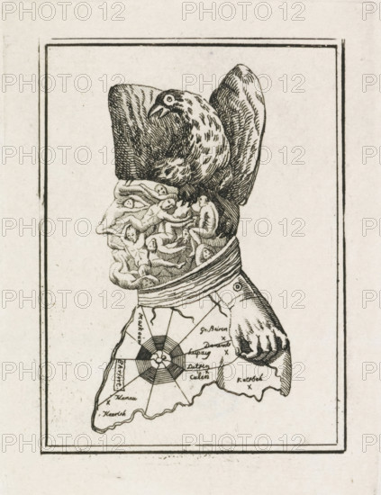 Cartoon of Napoleon, 1813, cartoon, print, Caricature of Napoleon from 1813 in which his face is constructed from the corpses of his victims, his hat is the Prussian eagle, his epaulet is a grasping hand. The collar is a river of blood, his coat the battlefield of Europe and the insignia of the Legion of Honor on his chest is a spiderweb., printmaker, Netherlands, paper, etching, height 120 mm x width 90 mm, Person, Napoleon I (Emperor of the French), political caricatures and satires, Napoleonic Wars, Period, A black ink drawing of a figure in profile wearing a tall hat with large rounded ear-like extensions, the head area composed of intertwined small human figures and a detailed bird perched atop the head, the figure dressed in a garment that displays a segmented circular diagram and irregular map-like shapes, all enclosed within a double-lined rectangular border on a blank background.