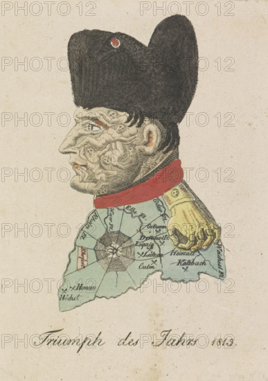 Triumph of the Year 1813, Caricature of Napoleon, 1813, cartoon, print, Caricature of Napoleon from 1813 in which his face is constructed from the corpses of his victims, his hat is the Prussian eagle, his epaulet is a grasping hand. The collar is a river of blood, his coat the battlefield of Europe and the insignia of the Legion of Honor on his chest is a spiderweb., printmaker, Germany, paper, etching, engraving, hand coloring, etching and engraving, hand colored, height 123 mm x width 91 mm, Person, Napoleon I (Emperor of the French), political caricatures and satires, Napoleonic Wars, Period, A composite illustration shows a man's profile formed from varied elements: his head and hat are rendered with dark, textured shading and a birdlike eye, his facial features are made up of numerous small sculpted faces and wrinkled textures, a red collar encircles his neck, the torso area is depicted as a pale green map with segmented regions and radial lines, and a yellow gloved hand rests on...