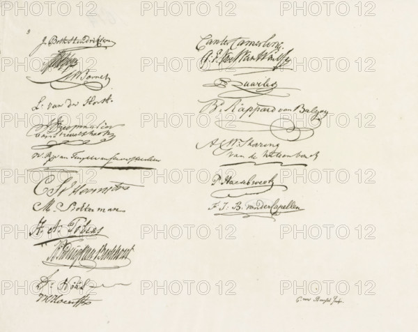 Sheet with signatures of the members of the Assembly of the Nobles, 1814, Signatures of the members of the Assembly of the Nobles, for the approval or rejection of the Constitution for the United Netherlands. Engraved after the original signatures, print, Series number, 9, The last sheet no. 9 from the series of nine sheets with the signatures in facsimile of the members of the Assembly of Nobles gathered for negotiations on the new constitution, in Amsterdam on March 29, 1814., printmaker: Cornelis van Baarsel, Netherlands, publisher: Johannes Allart, The Hague, paper, etching, height 241 mm x width 598 mm, Person, William I of the Netherlands, handwriting, written text, Inauguration of Prince William Frederick as sovereign prince, Amsterdam, Period, 1814-03-29, A cream-colored sheet featuring two vertical columns of dark ink cursive signatures and flourishes, with the left column showing denser, more cluttered handwritten marks and the right column containing larger loops and ornamen...
