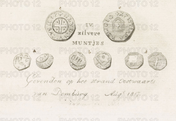 Silver coins found on the beach near Domburg, 1817, IV. silver coins Found on the beach East of Domburg Aug.s 1817, print, Four silver coins found on the beach east of Domburg, August 1817. The coins are indicated by the letters ad, both sides depicted. A separate explanation accompanies the print., printmaker: Johannes Hubertus Reygers, Netherlands, paper, etching, engraving, etching and engraving, height 70 mm x width 115 mm, coin, Domburg (Zeeland), Period, 1817-08, A faded drawing of several small round and polygonal coins arranged in two horizontal rows on a light textured background, the top row showing two larger coins with circular and octagonal outlines and central motifs resembling crosses and architectural shapes, and the bottom row displaying a series of smaller coins with varied edges and surface patterns including ridges, incised lines, and simple geometric marks, all rendered in fine pencil shading with soft shadows and a few handwritten flourishes partially visible bene...