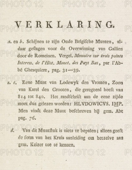 Explanation, Explanation accompanying the print with the silver coins found on the beach near Domburg, 1817, text sheet, Text sheet with a description of the four silver coins found on the beach east of Domburg, August 1817. Folded sheet printed on one side., publisher: anonymous, Netherlands, paper, etching, engraving, etching and engraving, height 70 mm x width 115 mm, coin, Domburg (Zeeland), Period, 1817-08, A section of aged off-white paper with printed dark serif text arranged in several centered and left-aligned lines, featuring a large bold heading near the top in spaced capital letters and multiple paragraphs of smaller type below, faint paper texture and tiny speckles visible across the page, and a wide blank margin toward the bottom.