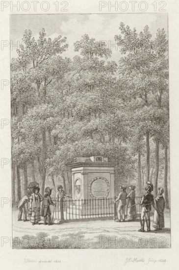 Memorial stone for Coster on the 400th anniversary of the invention of the printing press, 1823, print, Monument for Coster erected in the Haarlemmerhout during the celebration of the 400th anniversary on July 10-11, of the invention of the printing press by Laurens Jansz. Coster in Haarlem in 1423., printmaker: Jacob Ernst Marcus, Netherlands, after drawing by Johannes Reekers (I), 1824, paper, etching, engraving, etching and engraving, proof print before the letter, height 236 mm x width 140 mm, Used as illustration in: Vincent Loosjes, Memoirs regarding the fourth century of the invention of printing by Lourens Janszoon Koster, celebrated by the city in Haarlem on July 10 and 11, 1824., Person, Laurens Janszoon Coster, monument, statue, printing, Haarlem, Haarlemmerhout, Period, 1823-07-10 - 1823-07-11, A densely wooded scene with tall trees filling the upper area and forming a leafy canopy, beneath which a rectangular stone monument stands surrounded by a low metal fence; several p...