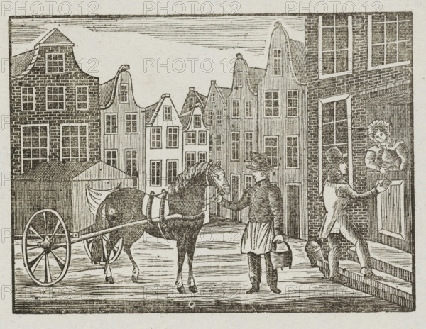 Asch-Karmans Kermis-Wensch, 1843, Fair print of the Amsterdam ash cart men for the year 1843, print, fair print, Fair print on behalf of the ash cart men (cart man or garbage collector) in Amsterdam for the year 1843. View of a street in Amsterdam with a man standing with an ash bucket by the cart while another man collects money door-to-door. At the bottom, a poem in two columns. On behalf of JD Farjon, the ash cart man of district no. 19., printmaker, printer (person), Amsterdam, paper, letterpress printing, woodcut, text in letterpress with image in woodcut, height 341 mm x width 210 mm, garbage collection, public road - II - ideal city, Period, A monochrome etching shows a street scene with tall narrow houses featuring stepped and curved gables and many windows, a horse harnessed to a two-wheeled cart with visible spokes and draped cloth, and three human figures in period clothing. One figure stands beside the horse holding its bridle and carrying a round container, wearing a long ...
