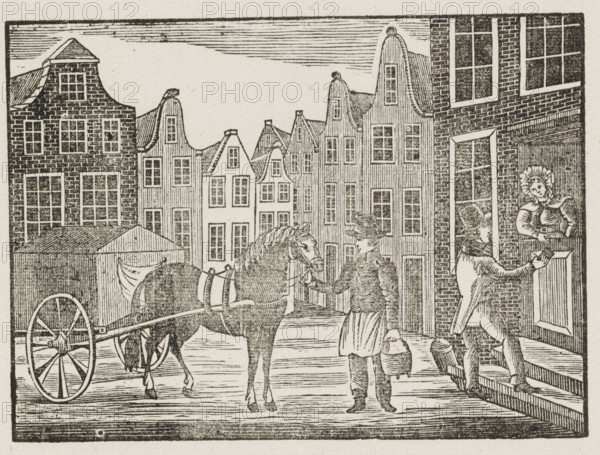 Asch-Karmans Kermis-Wensch, 1844, Fair print of the Amsterdam ash cart men for the year 1844, print, fair print, Fair print on behalf of the ash cart men (cart man or garbage collector) in Amsterdam for the year 1844. View of a street in Amsterdam with a man standing with an ash bucket by the cart while another man collects money door-to-door. At the bottom, a poem in two columns. On behalf of JD Farjon, the ash cart man of district no. 19., printmaker, printer (person), Amsterdam, paper, letterpress printing, woodcut, text in letterpress with image in woodcut, height 335 mm x width 210 mm, garbage collection, public road - II - ideal city, Period, A street scene rendered in a black and white woodcut style shows tall narrow buildings with stepped and curved gables lining the background, each facade detailed with multiple rectangular windows and vertical or brick textures; in the foreground a horse hitched to a cart with large spoked wheels stands beside a man wearing a hat and knee-len...