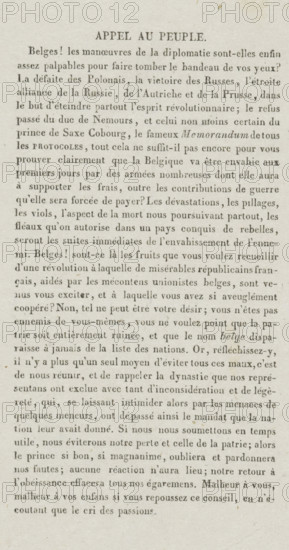 Appeal to the people, Leaflet concerning the election of the Belgian king, 1831, text sheet, Leaflet with text in French regarding the diplomatic negotiations on the choice of a Belgian king, February 1831. The content is in favor of the House of Orange., printer (person), Netherlands, paper, letterpress printing, text in letterpress, height 171 mm x width 110 mm, Election of the king in Belgium, Period, A vertically oriented, slightly yellowed sheet of printed paper with a centered heading in larger type near the top and multiple lines of evenly spaced, justified body text filling the page from near the top to near the bottom, printed in a serif font with clear word spacing and occasional italicized words, the paper showing faint texture and small age spots distributed across its surface, margins visible on all sides and slightly wider at the bottom, and the overall page appearing worn but intact.