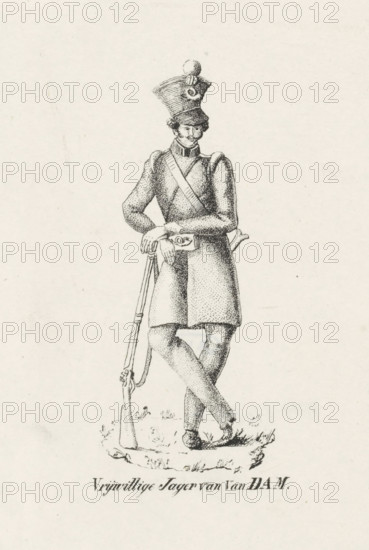 Volunteer Hunter of Van Dam, 1830, Volunteer Hunter of Van Dam 1830, print, costume print, Uniform of a Volunteer Hunter of Van Dam, 1830. Standing, leaning on his rifle., printmaker, Netherlands, paper, lithography, lithografie, height 185 mm x width 147 mm, (military) uniforms, clothes, costume, uniform, volunteer hunters, Period, 1830 - 1831, A detailed black and white illustration shows a standing soldier wearing a tall, decorated shako hat with a round ornament on top and a plume-like badge on the front, a high-collared coat with a sash worn diagonally across the chest, and a belt with a pouch at the waist; the soldier rests both hands on the butt of a long musket that stands upright with its stock on the ground, the legs are crossed at the ankles and the feet are shod, and the figure stands on a small patch of grass.