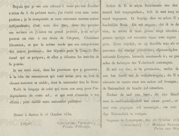 Proclamation., Proclamation of the Prince of Orange, 1830, text sheet, proclamation, Proclamation of the Prince of Orange from Antwerp, in which he recognizes the wish of the Belgians for an independent state, October 16, 1830. Text in French and Dutch, in two columns side by side., writer (clerical worker): William II of the Netherlands, Antwerp, 1830-10-16, printer (person), writer (clerical worker), paper, letterpress printing, text in letterpress, height 147 mm x width 186 mm, Person, Belgian Revolution, Period, A close-up of an old printed page showing two columns separated by a vertical line, each column filled with evenly spaced lines of small serif type. The paper is a faded off-white with visible grain and slight discoloration, and the ink appears unevenly faded in places. Margins at the bottom reveal a few larger, slightly bolder lines of type and a parenthetical word near the left margin. The right column mirrors the left with similar text density and spacing, and the vertic...
