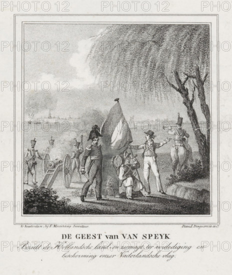 The Spirit of Van Speyk Inspires the Dutch land and sea forces for the defense and protection of our Dutch flag, The Spirit of Jan van Speyk, 1831, print, Various soldiers in a landscape. In the space between the figures, the hidden figure of Jan van Speyk can be discerned. In the distance, the blew-up of Jan van Speyk's gunboat on the Scheldt off Antwerp on February 5, 1831., printmaker: Roelof van der Meulen, after design by Evert Maaskamp, Netherlands, printer (person): Desguerrois & Co., Amsterdam, publisher: Evert Maaskamp, Roelof van der Meulen, Evert Maaskamp, Desguerrois & Co., printmaker, after design by, printer (person), publisher, paper, lithography, lithografie, height 237 mm x width 165 mm, Person, Jan van Speyk, battle, fighting in general, Self-sacrifice of Jan van Speyk, Antwerp, Period, 1831-02-05, A monochrome engraved scene framed by a double border shows a riverside or coastal landscape with a large drooping tree on the right and distant water and sails in the back...