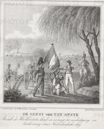 The Spirit of Van Speyk Inspires the Dutch land and sea forces for the defense and protection of our Dutch flag, The Spirit of Jan van Speyk, 1831, print, Various soldiers in a landscape. In the space between the figures, the hidden figure of Jan van Speyk can be discerned. In the distance, the explosion of Jan van Speyk's gunboat on the Scheldt off Antwerp on February 5, 1831., printmaker: Roelof van der Meulen, after design by Evert Maaskamp, Netherlands, printer (person): Desguerrois & Co., Amsterdam, publisher: Evert Maaskamp, Roelof van der Meulen, Evert Maaskamp, Desguerrois & Co., printmaker, after design by, printer (person), publisher, paper, lithography, lithografie, height 150 mm x width 128 mm, Person, Jan van Speyk, battle, fighting in general, Self-sacrifice of Jan van Speyk, Antwerp, Period, 1831-02-05, A grayscale engraving showing a riverside scene with soldiers and figures in period dress under a large weeping tree whose long drooping branches fill the upper right. In...