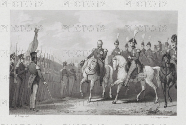King William I visits the army camp at Rijen, 1831, print, historical print, King William I inspects the Dutch troops during his visit to the army camp at Rijen, July 23, 1831., printmaker: Johannes Philippus Lange, Netherlands, after drawing by Valentijn Bing, 1843 - 1845, paper, chine collé, steel engraving, height 143 mm x width 230 mm, Used as an illustration in: The Life and Reign of HM William I, King of the Netherlands, Grand Duke of Luxembourg etc., etc., by G. Engelberts Gerrits. Amsterdam : Van Kampen, 1845., Person, William I of the Netherlands, review, inspection (of company, unit, troop), Belgian Revolution, Rijen, Period, 1831-07-23, A grayscale engraving shows a line of uniformed soldiers standing at attention on the left, many holding long rifles and wearing tall hats, with a flag raised among them; two mounted officers in decorated uniforms ride forward on light-colored horses in the center, surrounded by other mounted and standing officers wearing plumed helmets and e...