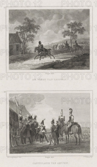 The Flight of King Leopold, Capitulation of Leuven, during the Ten Days' Campaign, 1831, The Flight of Leopold, print, historical print, Sheet with two events from the Ten Days' Campaign numbered 17 and 18. Above: the flight of King Leopold I. Below: the capitulation of Leuven. Part of a group of 24 illustrations from Olivier's book on the Ten Days' Campaign, August 2-12, 1831., printmaker: Philippus Velijn, Netherlands, after drawing by Gijsbertus Craeyvanger, 1831 - 1835, paper, steel engraving, height 206 mm x width 130 mm, Used as illustration in: Merkwaardigheden uit den Tiendaagschen Veldtogt der Nederlanders in België, door J. Olivier Jz. Amsterdam : Beijerinck, 1834., Person, Leopold I (King of the Belgians), surrender, war, putting the enemy to flight, Ten Days' Campaign, Battle of Leuven, Louvain, Period, 1831-08-02 - 1831-08-12, A vertical sheet with two rectangular engraved scenes separated by a blank margin, both framed by thin borders. The top scene shows a rural landscap...