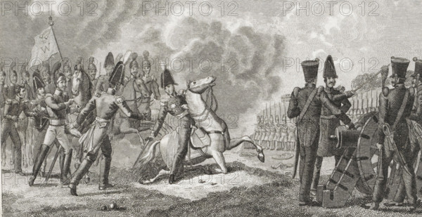 Battle of Boutersem, 1831, print, The horse of the Prince of Orange is wounded in the Battle of Boutersem, August 12, 1831. The prince is being handed another horse. On the right, several soldiers by a piece of artillery., printmaker, Netherlands, paper, etching, engraving, etching and engraving, height 81 mm x width 152 mm, Person, William II of the Netherlands, fighting horses, Boutersem, Period, 1831-08-12, A detailed black and white engraving shows a battlefield scene with soldiers in historical military uniforms, some on foot and some on horseback. On the left a group of infantry stand in formation behind officers and a flag, with a mounted officer being assisted by nearby soldiers as a rearing horse pulls back. In the center a fallen rider and horse lie on the ground while other mounted figures and troopers look on. To the right a line of artillerymen stand by a cannon, one officer pointing a baton toward distant ranks of soldiers who form a rigid line in the background. The sky ...