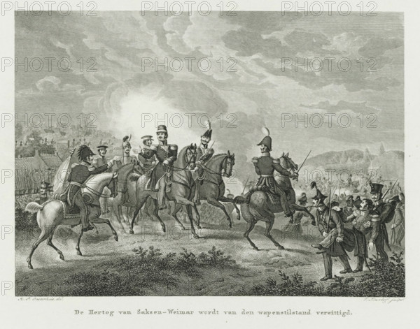 The Duke of Saxe-Weimar is notified of the armistice, Bernhard Duke of Saxe-Weimar receives news of the armistice, 1831, print, During the Battle of Leuven on August 12, Bernhard Duke of Saxe-Weimar receives the news that an armistice has been reached., printmaker: Walraad Nieuwhoff, Netherlands, after drawing by Haatje Pieters Oosterhuis, 1834, paper, etching, engraving, etching and engraving, height 240 mm x width 286 mm, Used as illustration in: Nicolaas Godfried van Kampen, Gedenkboek van Nederlands moed en trouw, tijdens den Belgischen opstand. Haarlem : Bohn, 1834., Person, Charles Bernhard (Duke of Saxe-Weimar-Eisenach), battle (land forces), Battle of Leuven, Louvain, Period, 1831-08-12, A detailed black and white engraving shows a large group of soldiers and officers in historical military uniforms on horseback and on foot across a landscape under a sky filled with dramatic clouds. Several mounted officers occupy the foreground, wearing decorated coats, plumed hats, and holdin...
