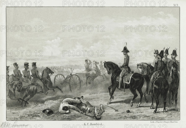 Battle of Leuven, 1831, print, historical print, The Prince of Orange surveys the battlefield during the Battle of Leuven on August 12, 1831. On the right, the Prince on horseback with his staff. Numbered top right: XCI., printmaker, after design by, printer (person), Netherlands, Haarlem, paper, tone lithography, tone lithography in black with a tone block in grey, height 159 mm x width 245 mm, Person, William II of the Netherlands, battle (land forces), Louvain, Period, 1831-08-12, A grayscale illustration showing mounted soldiers and officers on horseback facing a distant battlefield under a cloudy sky, with a group of soldiers and a cannon in the midground, several fallen men lying on the ground in the foreground near discarded helmets and a sword, and officers in uniform with plumed hats observing from the right side while more horsemen appear on the left.