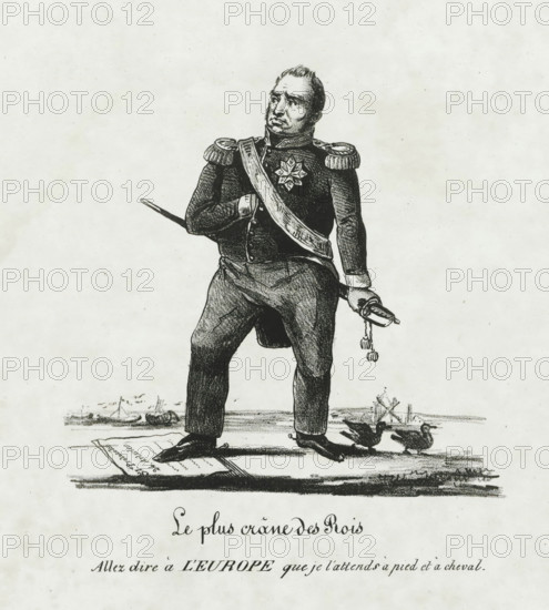 The bravest of Kings, The bravest king, 1831, print, Cartoon of King William I after the rejection of the Treaty of the 24 Articles of the London Conference, October 13, 1831. The king tramples underfoot the document of the 24 articles., printmaker, Belgium, paper, lithography, height 310 mm x width 241 mm, Person, William I of the Netherlands, trampling, treading, stamping on someone or something, Treaty of the 24 Articles, Period, 1831-10-13, A monochrome illustration of a man in a military uniform standing with one hand tucked into his coat and the other holding a sword by its hilt, the uniform featuring ornate shoulder epaulettes and a sash across his chest with a star-shaped medal pinned to it; he wears trousers and shoes and has a composed facial expression while looking slightly upward, and beneath his feet a folded sheet lies on the ground with small birds nearby and faint ship outlines in the background.