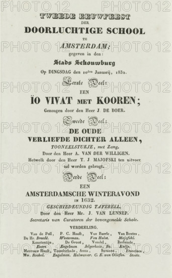 Announcement of the theatrical performance at the second centenary of the Athenaeum Illustre in Amsterdam, 1832, program, text sheet, Printed announcement or program for the theatrical evening on the occasion of the second centenary (1632-1832) of the Athenaeum Illustre in Amsterdam, at the Stadsschouwburg in Amsterdam, January 10, 1832. Program in three parts: song, a short play 'the old enamored poet alone' and the performance of the historical scene 'An Amsterdam winter evening in 1632', by Mr. Jacob van Lennep., printer (person), Amsterdam, paper, letterpress printing, text in letterpress, pasted with three other objects on a larger sheet of paper, height 215 mm x width 127 mm, Person, Athenaeum Illustre, stage, Stadsschouwburg (Amsterdam), Period, 1632, 1832-01-10, The image shows a vertical vintage printed page with multiple lines of centered ornamental typography in dark ink on a light aged background; various decorative typefaces and sizes are used, including bold block letters...