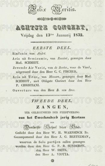 Program of the concert at the second centenary of the Athenaeum Illustre in Amsterdam, 1832, Felix Meritis, Eighth Concert, Friday, January 13, program, text sheet, Program of the concert in Felix Meritis on January 13, on the occasion of the second centenary (1632-1832) of the Athenaeum Illustre in Amsterdam. Text sheet printed on one side., printer (person), Amsterdam, paper, letterpress printing, text in letterpress, height 223 mm x width 140 mm, Person, Athenaeum Illustre, concert, Period, 1832-01-13, 1632, A vertically oriented aged paper document with ornate decorative elements and multiple lines of printed text in various typefaces and sizes, including bold and ornamental headings, centered headings with flourishes, short decorative dividers, and blocks of smaller body text arranged in left-aligned paragraphs. The top shows an elaborate script-style heading with decorative floral motifs beneath it, followed by a large bold headline in a shadowed block type. Below are several lin...